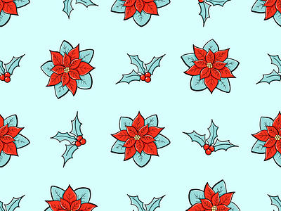 Poinsettia and holly branches vector seamless pattern. Winter fl holly branches