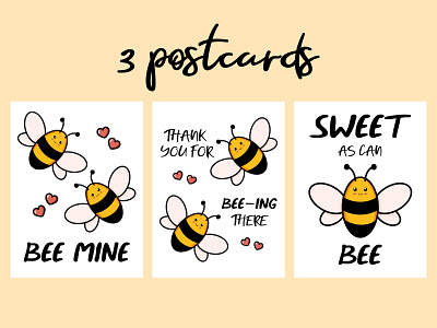 Cute bee set of three cards. Hand drawn collection of postcards