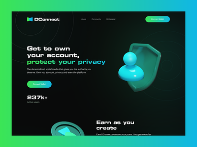 Hero section for DConnect cryptocurrency dapp decentralized social media hero section landing page nfts product design ui design web 3.0