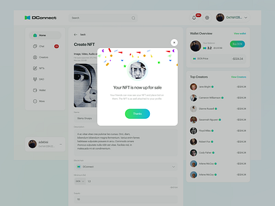 DConnect - Decentralized Social Media - NFT Success Pop-up creator pop up