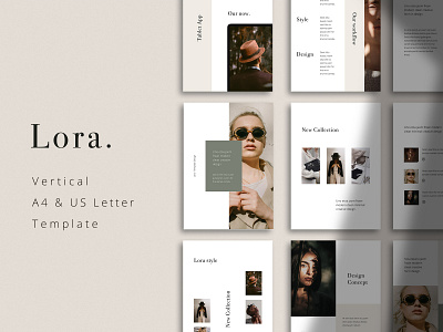 LORA - Vertical A4 + US Letter Template branding catalogue creative design ebook icon inspiration keynote magazine minimal modern portfolio powerpoint presentation showcase slides slideshow template ui vertical