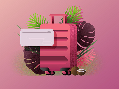 tropical suitcase ad advertising bright color coconut illustration pink suitcase tropical tropical leaves tropics vector