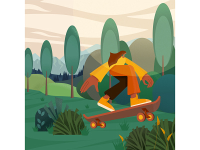 Skater in nature advertising aesthetics art background branding character creative design flat illustration landscape modern nature stylish vector