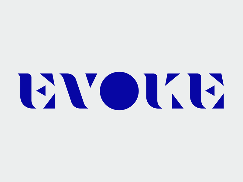 Evoke brand circle film geometric logo production sharp stencil type typography