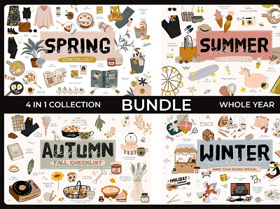 FOUR SEASONS BUNDLE autumn backupgraphic bundle checklist decoration everyday everydaylife fashion food four illustration lifestyle routine season seasonal spring summer winter woman women