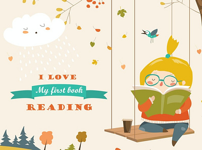 Cute girl swinging and reading a book art autumn back backup backupgraphic book branch branding cartoon chand child coffee education fall girl interested nature reading studing vector