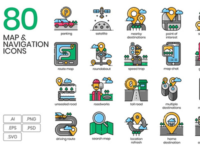 80 Map & Navigation Icons back backup backupgraphic branding chand destination direction gps highway icon icons location map navigation set street traffic transport travel vector