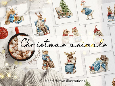 Christmas animals animal armchair christmas christmas tree clothes cozy dress elk gift illustration moose new year object sketch snow sock sweater vintage watercolor winter