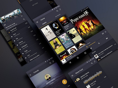 Android music App Material design UI android app backupgraphic black cover dark feed icon login lollipop market material materialdesign music news screen social sound ui ux