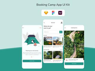 Booking Camp App UI Kit app back backup backupgraphic booking branding camp camping chand figma kit mobile sketch template theme travel trip ui ux xd