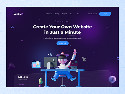 Website Maker Landing Page 🌐 3d 3denviroment codefree darktheme illustrator landing page ui makerbot nocode trend web webi.in website builder website concept website design website ui design websitemaker