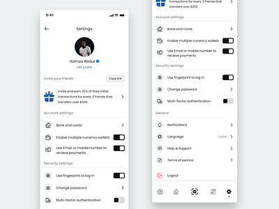 Settings page fintech mobile app settings ui