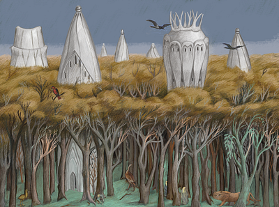 settlement of elves in the forest illustration