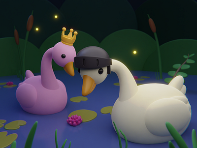Pair of swans 3d art characters cute kawaii