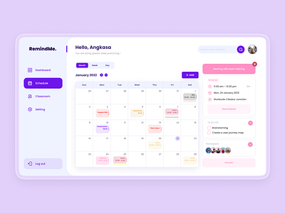 RemindMe. apps calendar clean dashboard date design event management meeting planner remainder schedule time timeline ui upcoming event ux web design web page website