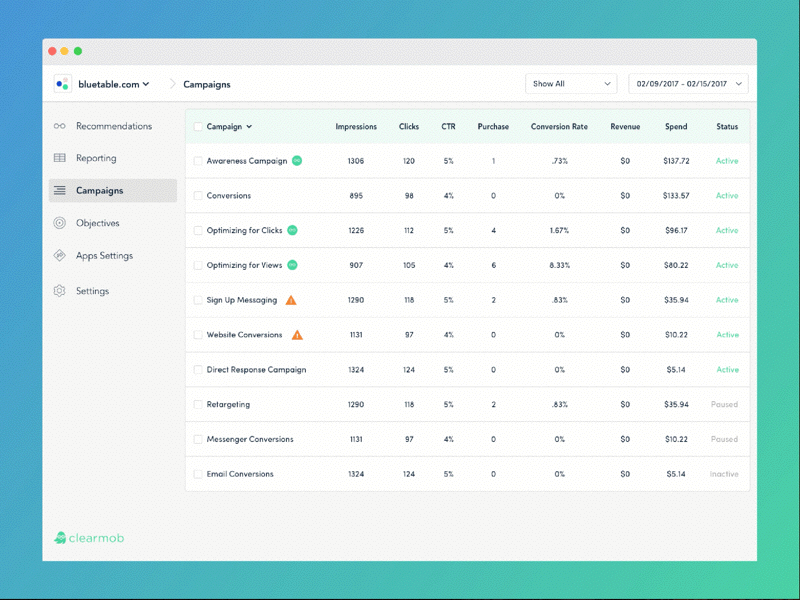 Campaigns: Clearmob ads dashboard interaction interface productivity status table ui ux web app