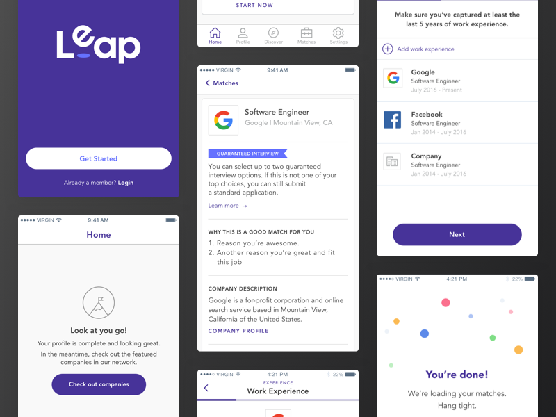 App Screens: Leap ai product design ux ui career jobs mobile iphone app