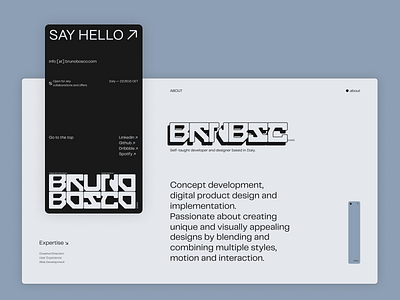 Bruno Bosco - About branding design development graphic design logo motion graphics typography ui web