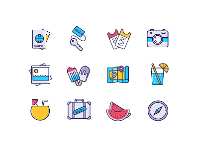 Vacation Stuff Icons (+freebie) adventure cocktail colorful globe ice-cream icons illustration set tickets travel vacation