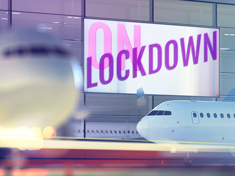 Lockdown on/off 3d ad advertising aircraft airplane airport animation arrive billdoard covid 19 depart gif lockdown mockup render runway takeoff