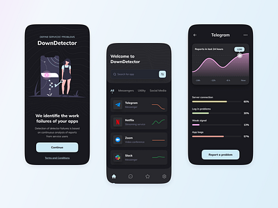 DownDetector dark mode dark theme dark ui design detector flat graphics home illustration layo mobile mobile app studio ui user experience user interface ux