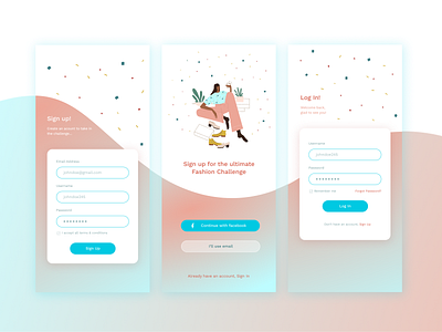 Sign Up, Welcome & LogIn iOS app screens for Fashion App!