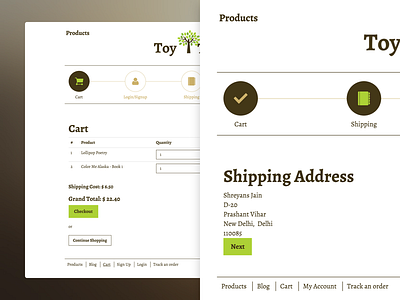 Toytree checkout process brown cart checkout process flat golden green plain product shipping toy web design white