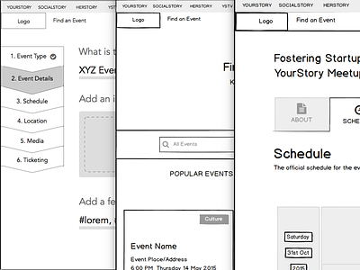 Wireframes for a events website event events page find event information schedule search tabs website wireframe wireframes