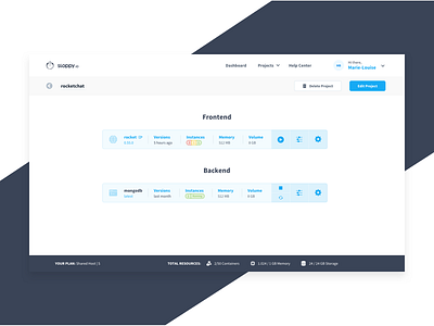 Sloppy.Io Project Overview backend blue containers dashboard delete project frontend light blue manage memory projects user interface volumes