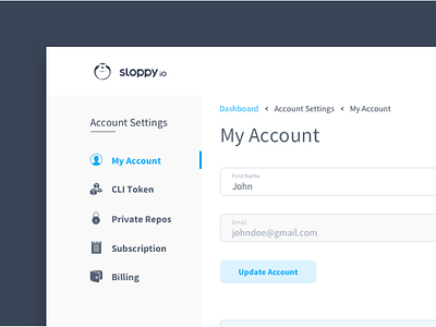Sloppy.Io Account Settings account account menu account settings blue dashboard menu my account profile settings white