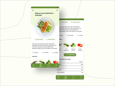 Buttery Lemon Grilled Fish & Asparagus Recipe in Mobile App adobe xd app asparagus design fish food recipe app green mobile recipe app ui uiuxdesign ux