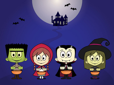 Cute Trick Or Treaters Scene frankenstein halloween illustration vampire vector witch