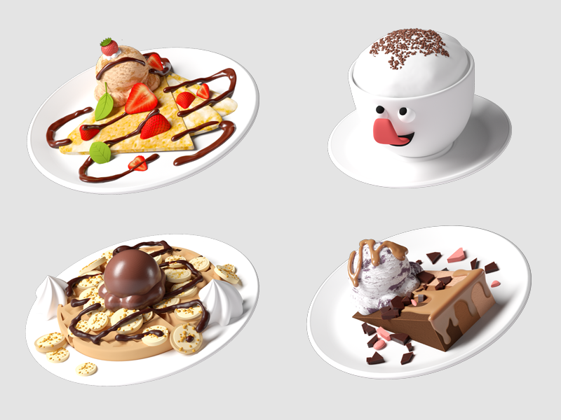Desert Icons (with chocolate drizzle!) brand characters ice cream cake waffle isometric game art low poly octane c4d 3d cinema4d illustration illustrator app icons 3d icons icon design
