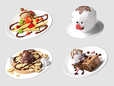 Desert Icons (with chocolate drizzle!) 3d 3d icons app icons brand c4d cake characters cinema4d game art ice cream icon design illustration illustrator isometric low poly octane waffle