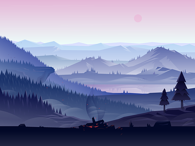 Mountain Scenery campfire forest illustrator landscape lookout mountain vector