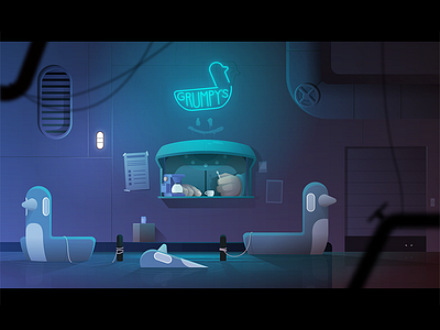 Grumpy's boat rental boat coffee game illustration light neonlight pigeon rental
