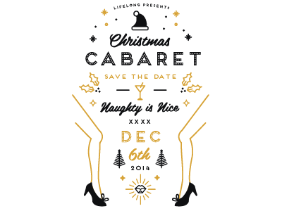 Cabaret Save The Date cabaret christmas gold heels legs martini santa