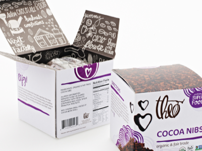 Finished Cocoa Nibs Packaging boxes hand drawn type hearts letters packaging purple