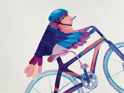 Bird Biking bike bird helmet illustration painting watercolor