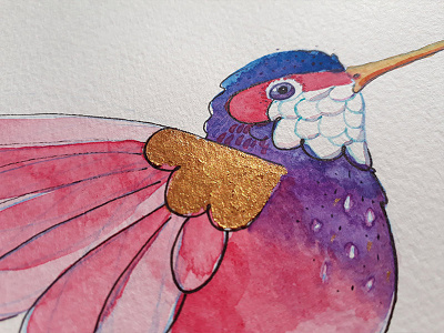 Gold wing bird gold hummingbird illustration painting watercolor