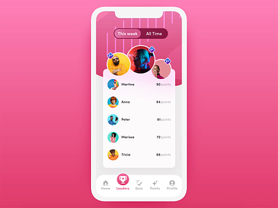 Mobile Quiz Interface adobe xd animation auto-animate leaderboard micro-interactions navigation pink quiz app ui design