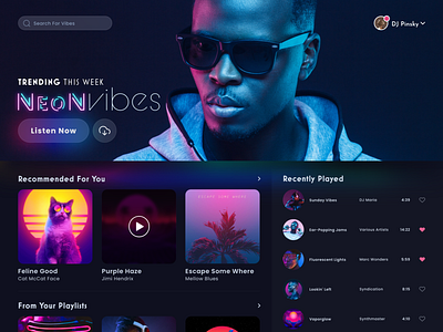 Neon Vibes Music Exploration adobe xd buttons music music app music application neon playlist search bar