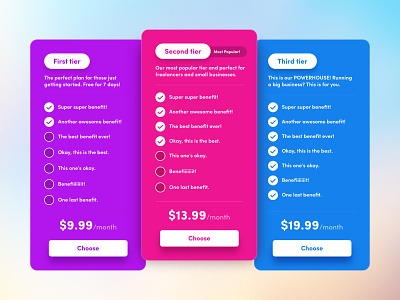 Colorful Pricing Tables benefits buttons colorful price table pricing pricing page pricing tables tiers