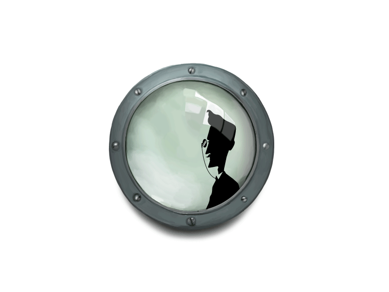 Fikret looking through a magnifying glass glass illustration ship silhouette steampunk window