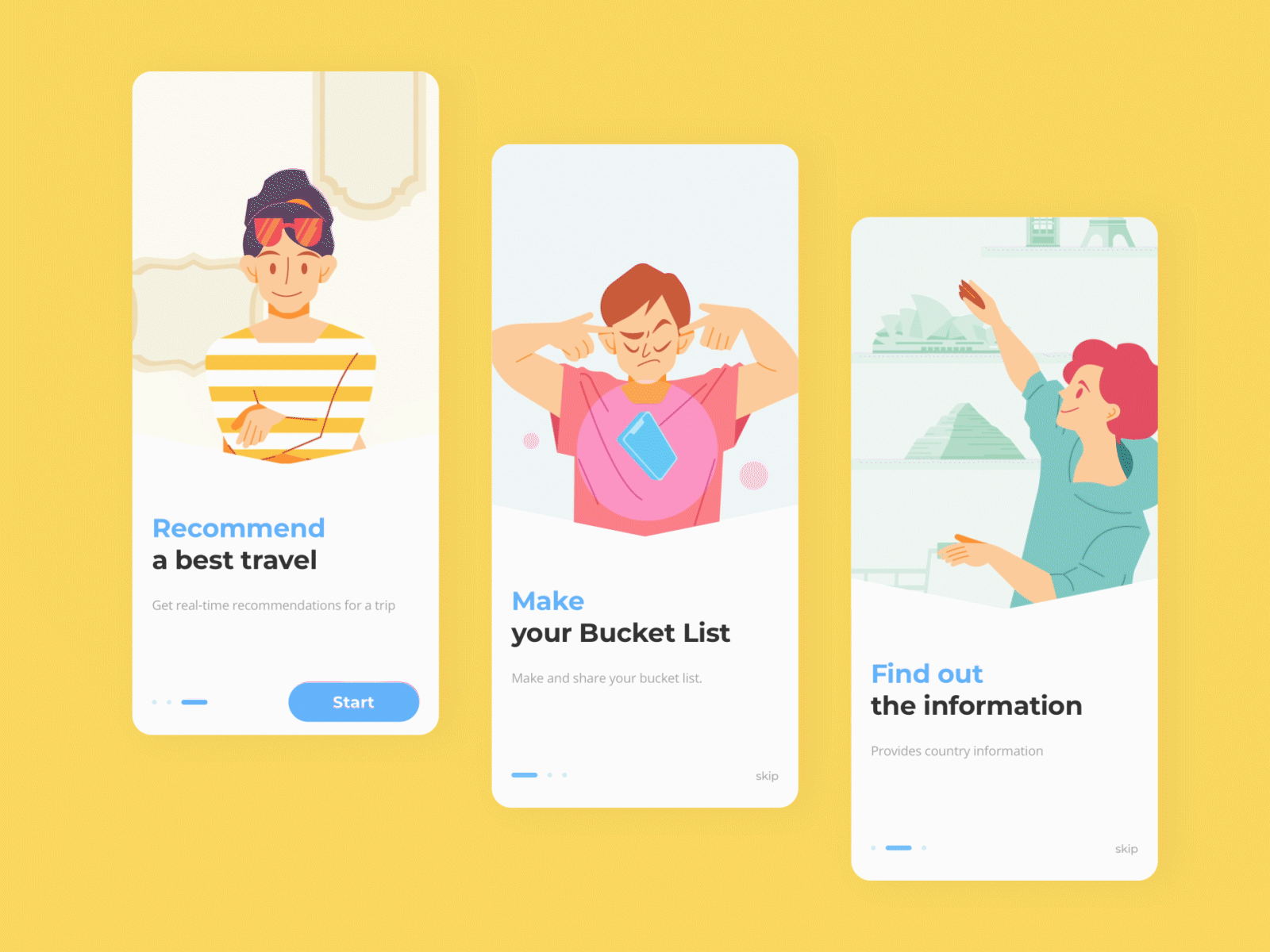 Travel app: Walkthrough app design illustration prototype ui