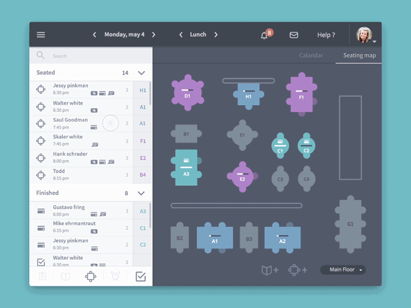 1/2 Guest center redesign - Seating map & booking detail guest center ipad management opentable principle productivity restaurant sketch