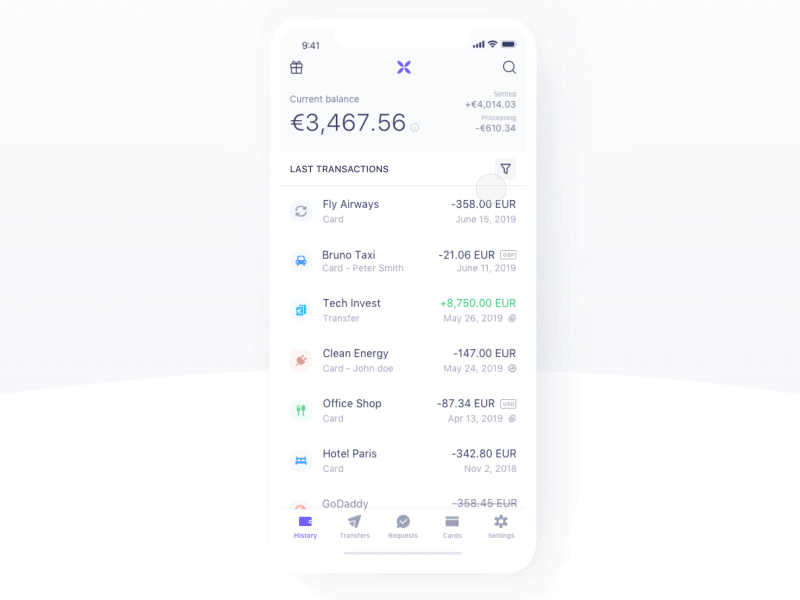 Transactions Quick Filters V2 [WiP] - Qonto account animation app balance bank filters history interaction ios mobile neo bank quick filters transaction transfer