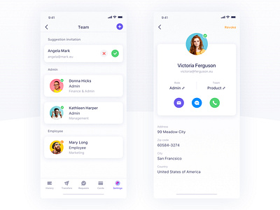 Team Section - Qonto adress bank contact contact card contact list design invitation ios iphonex member mobile mobile app mobile app design phone profile role settings status team ui