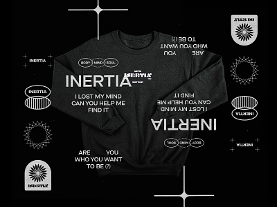 Inertia badges branding clothing experimental graphic design labels logos logotype merch mood typography