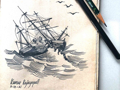 Inktober2021- Vessel 2021 artwork boat drawing handdrawing illustration inktober2021 inktober2021vessel kumarr kumarrajagopall ocean pen penandink pencil sea ship sketch vessel